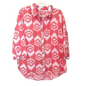 Soft Surroundings Maya Shirt XL Sunset Coral Ikat Cotton Embroidered 3/4 Slv